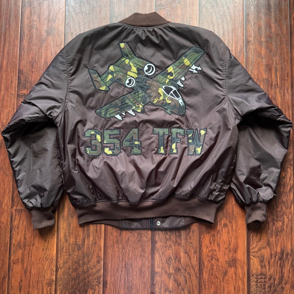 USAF 354 TFW A10 Warthog Bomber Jacket Mens L Brown Quilted Flight Military Y2K